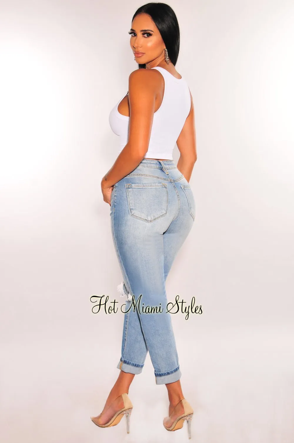 Denim Ripped Knee High Waist Ankle Jeans sold by Hot Miami Styles product image thumbnail 2
