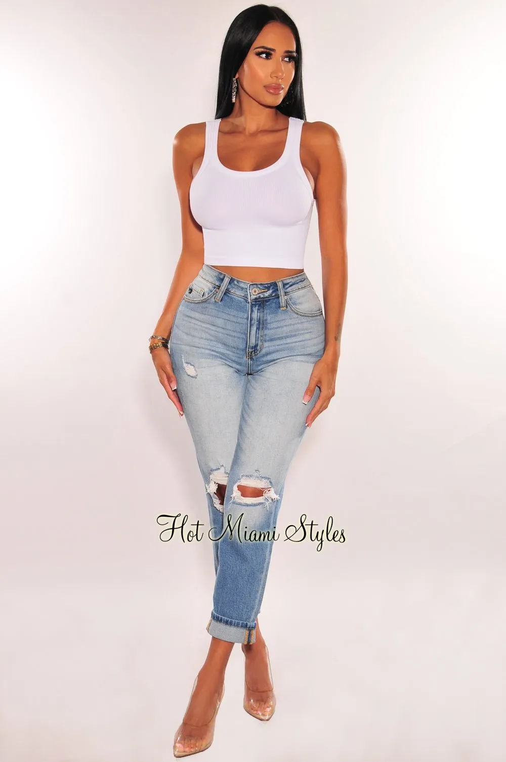 Denim Ripped Knee High Waist Ankle Jeans sold by Hot Miami Styles