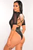 Black Sheer Mesh Padded Strappy Back High Cut Bodysuit sold by Hot Miami Styles
