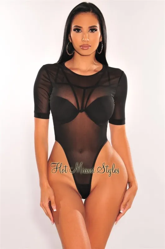 Black Sheer Mesh Padded Strappy Back High Cut Bodysuit sold by Hot Miami Styles