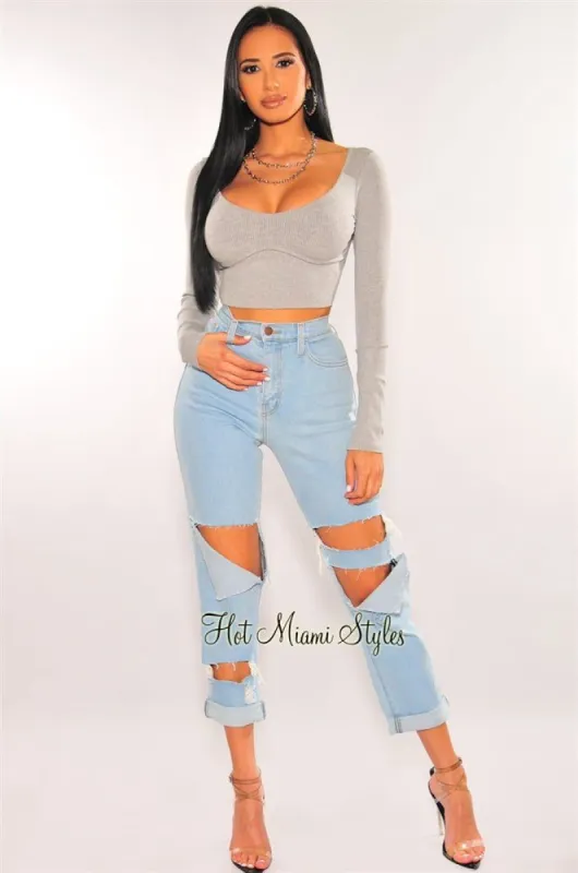 Light Denim Cut High Waist Boyfriend Jeans sold by Hot Miami Styles
