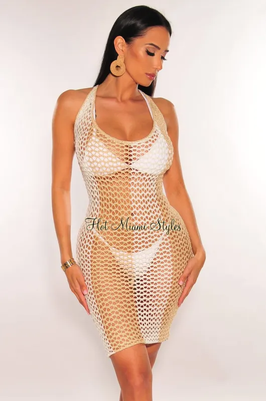 White Nude Crochet Tie Up Cover Up Dress sold by Hot Miami Styles