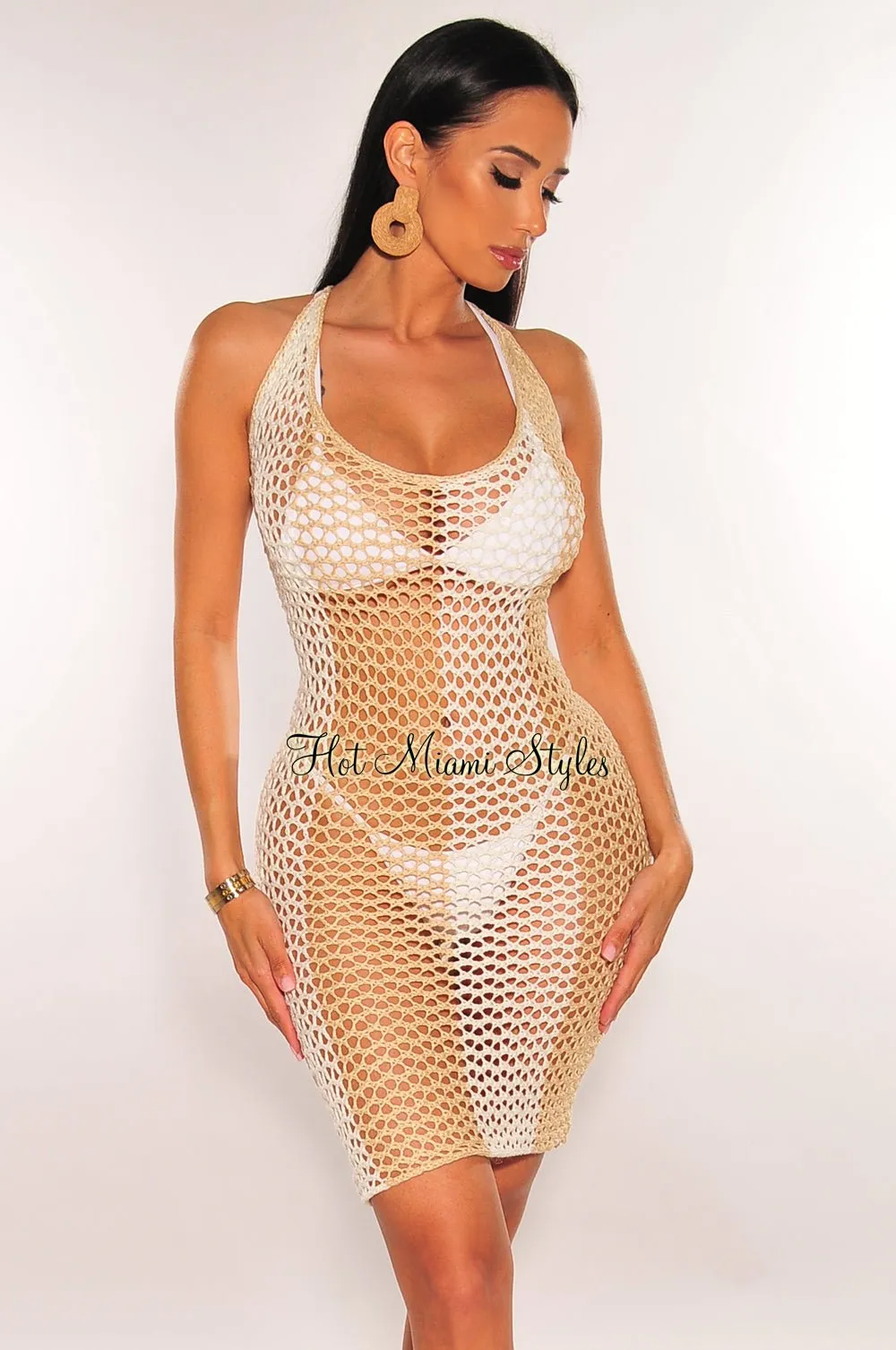 White Nude Crochet Tie Up Cover Up Dress sold by Hot Miami Styles