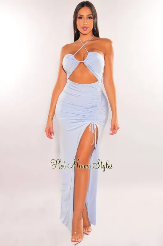 Iced Blue Halter Cut Out Ruched Slit Maxi Dress sold by Hot Miami Styles