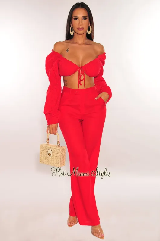Red Peasant Tie Up Long Sleeve High Waist Palazzo Pant Two Piece Set sold by Hot Miami Styles
