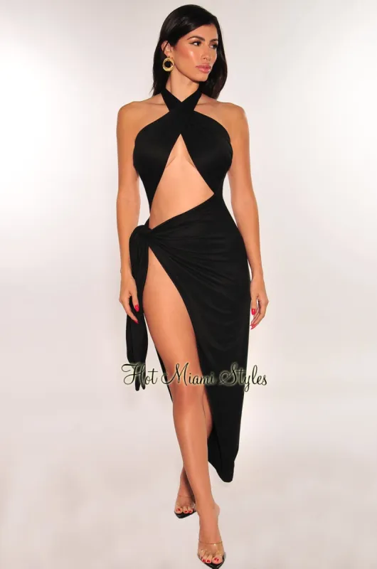 Black Halter Crisscross Cut Out Drape Ruched Slit Dress sold by Hot Miami Styles