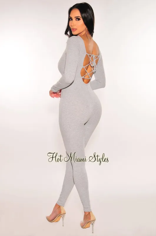 Light Gray Ribbed Round Neck Lace Up Long Sleeve Jumpsuit sold by Hot Miami Styles