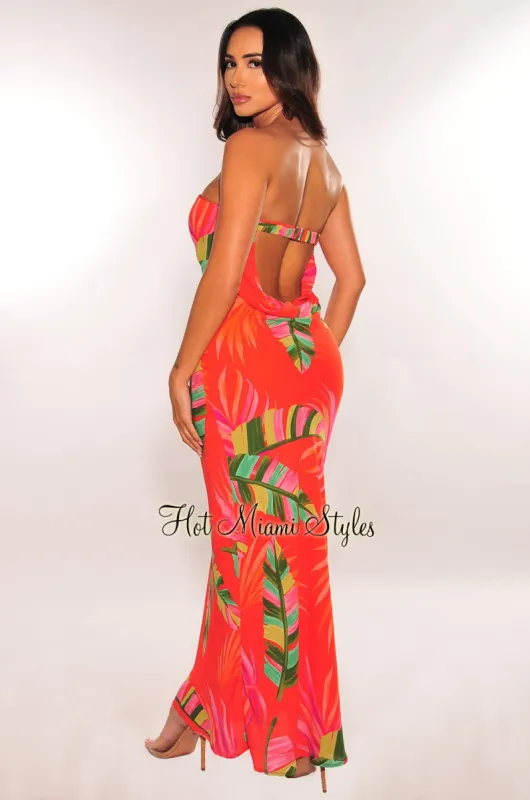 Red Tropical Palm Print Strapless Cut Out Back Maxi Dress sold by Hot Miami Styles