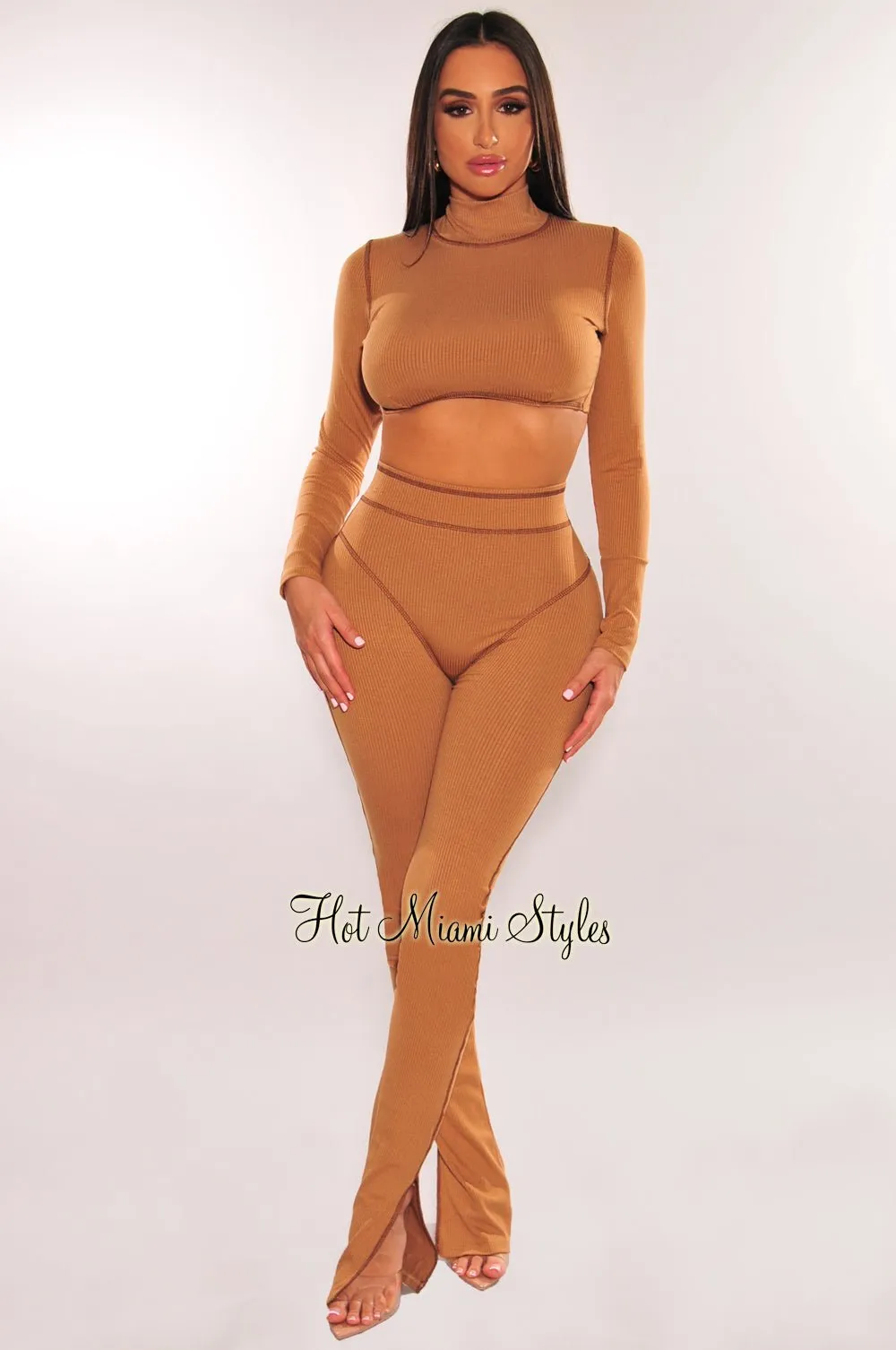 Mocha Exposed Seams Long Sleeve Flare Pant Two Piece Set sold by Hot Miami Styles
