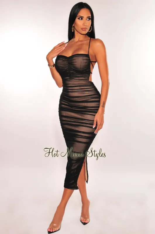 Black Nude Mesh Lace Up Back Ruched Slit Midi Dress sold by Hot Miami Styles