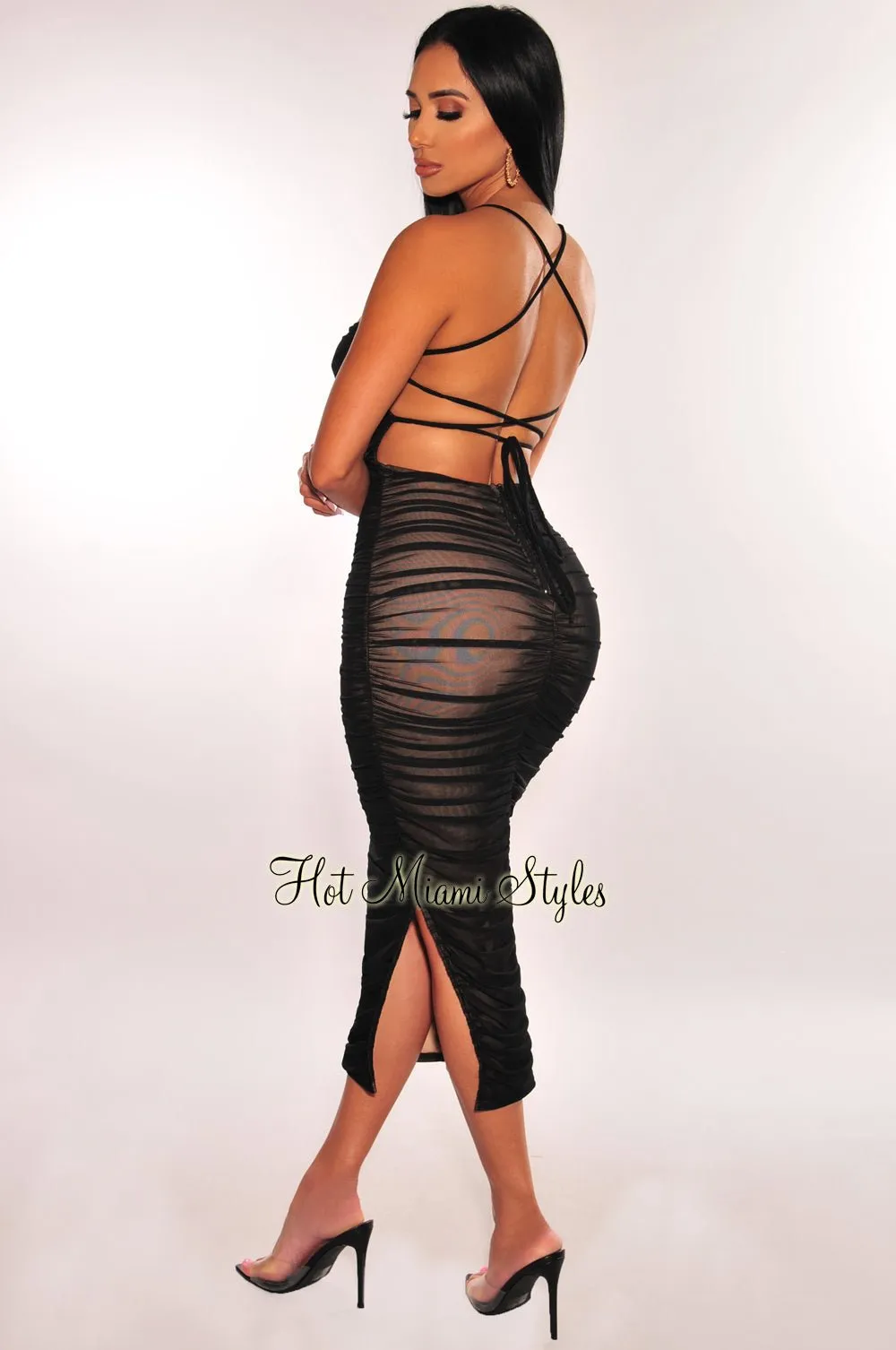 Black Nude Mesh Lace Up Back Ruched Slit Midi Dress sold by Hot Miami Styles product image thumbnail 2