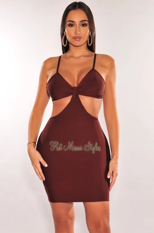 Chocolate Bandage Spaghetti Straps Knotted Cut Out Mini Dress sold by Hot Miami Styles