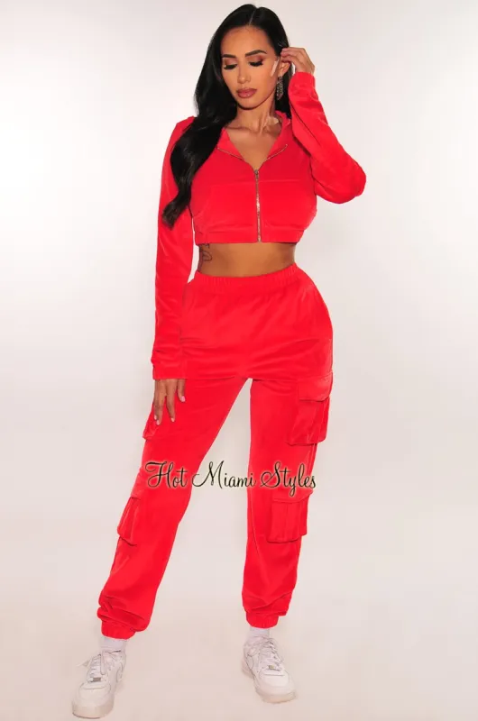 Red Velour Long Sleeve Zip Up Hooded Cargo Joggers Two Piece Set sold by Hot Miami Styles