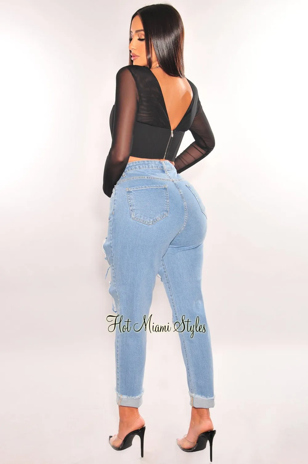 Black Mesh Squared Neck Boned Long Sleeve Bustier Top sold by Hot Miami Styles product image thumbnail 5