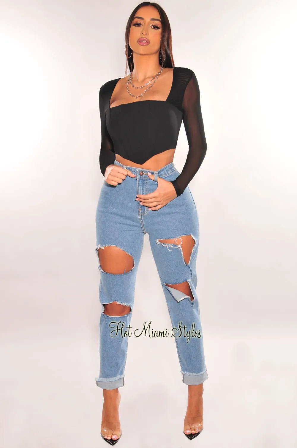 Black Mesh Squared Neck Boned Long Sleeve Bustier Top sold by Hot Miami Styles product image thumbnail 3