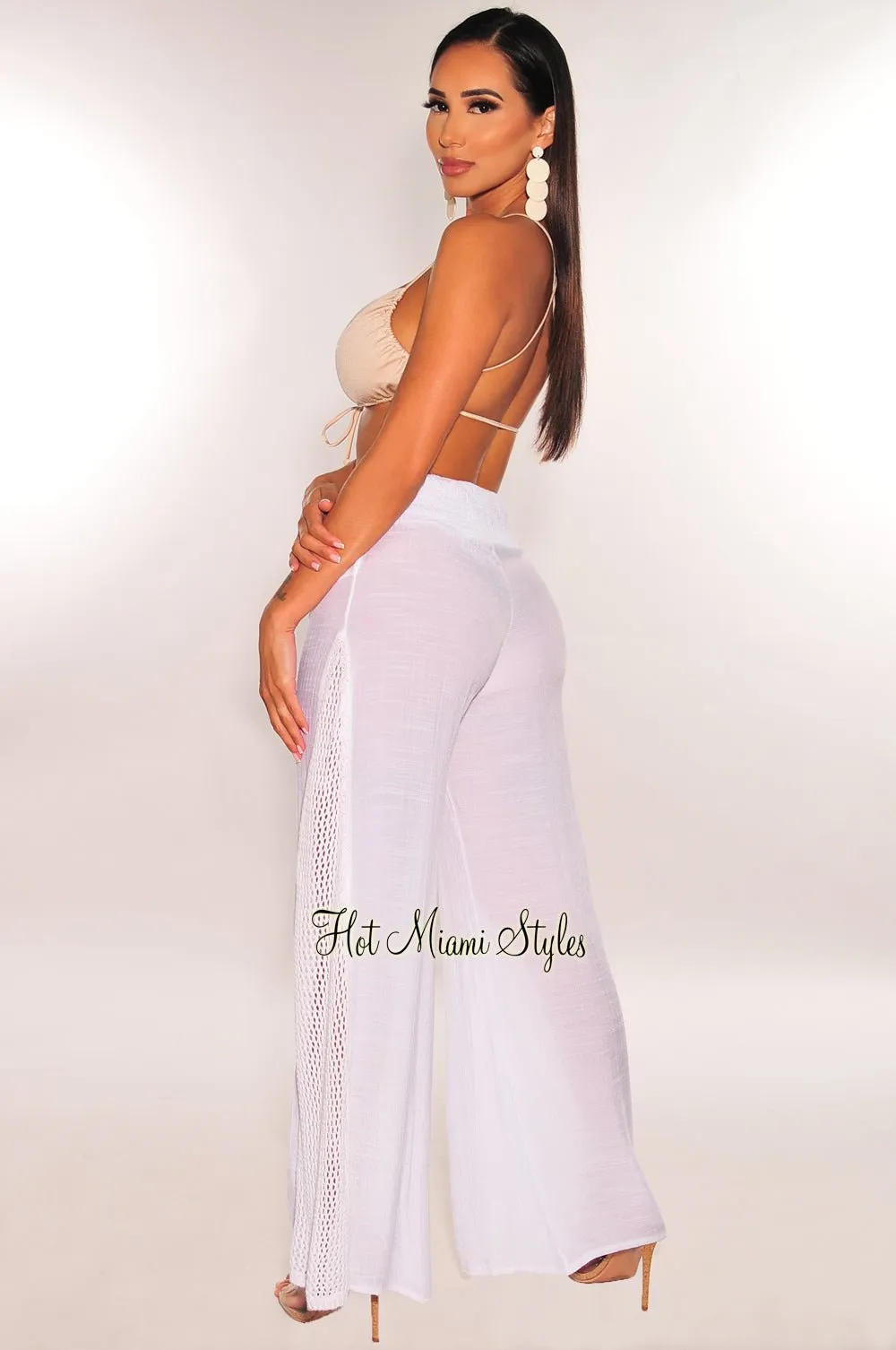 White Linen Crochet Cover Up Pants sold by Hot Miami Styles product image thumbnail 3