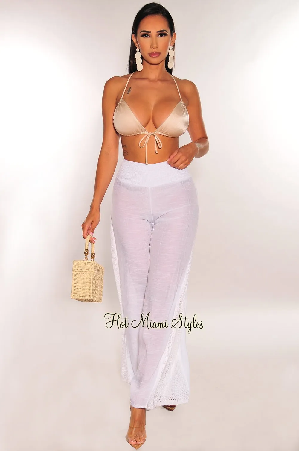 White Linen Crochet Cover Up Pants sold by Hot Miami Styles