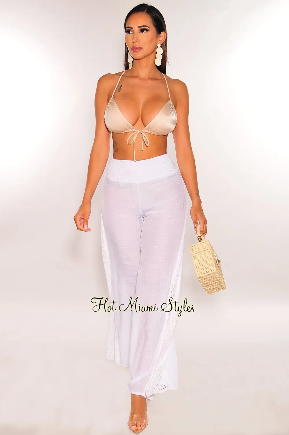 White Linen Crochet Cover Up Pants sold by Hot Miami Styles product image thumbnail 2