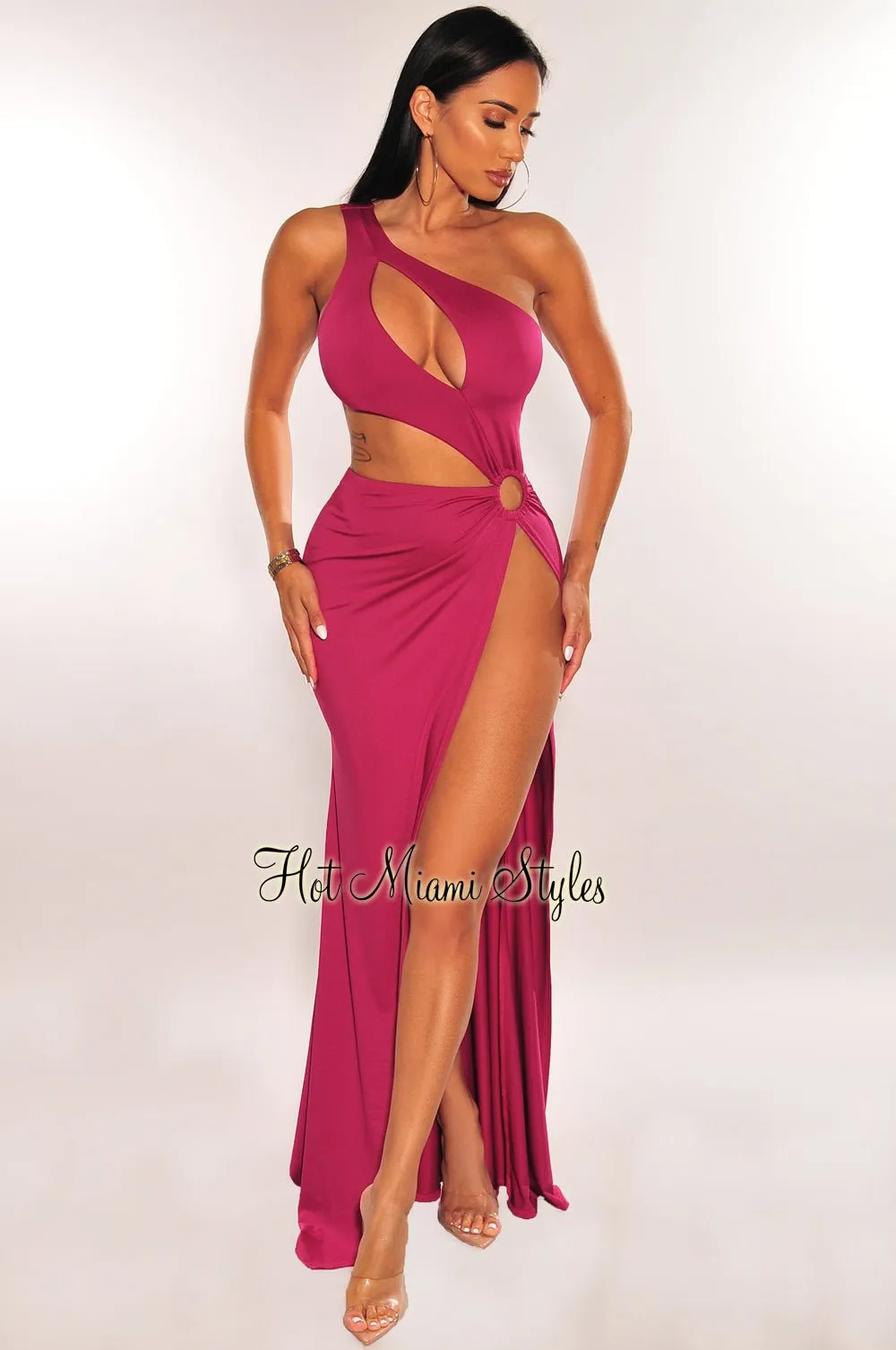 Magenta One Shoulder Keyhole Cut Out O-Ring Slit Maxi Dress sold by Hot Miami Styles