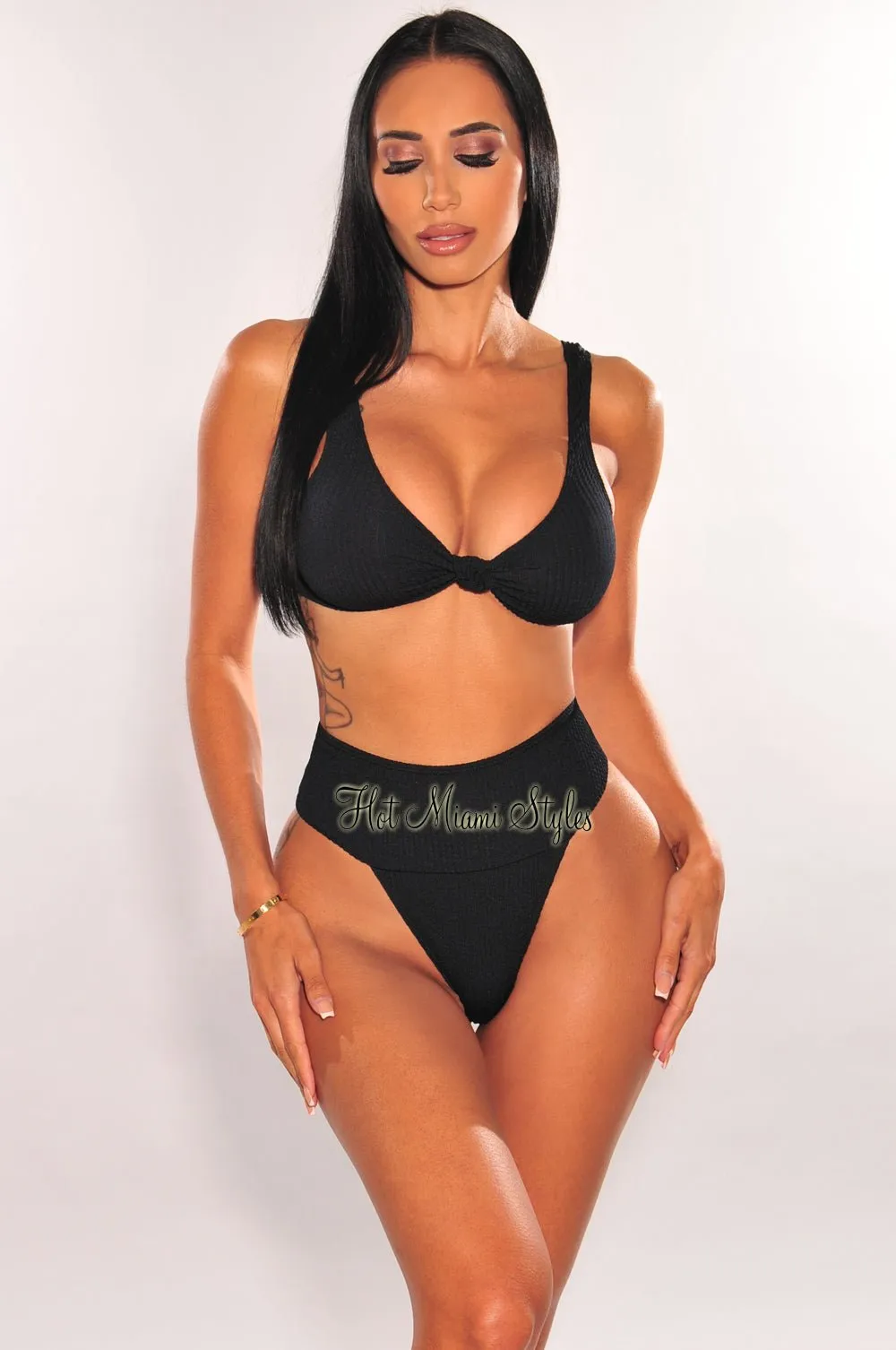 Black Textured Knotted High Rise Bikini Bottom sold by Hot Miami Styles
