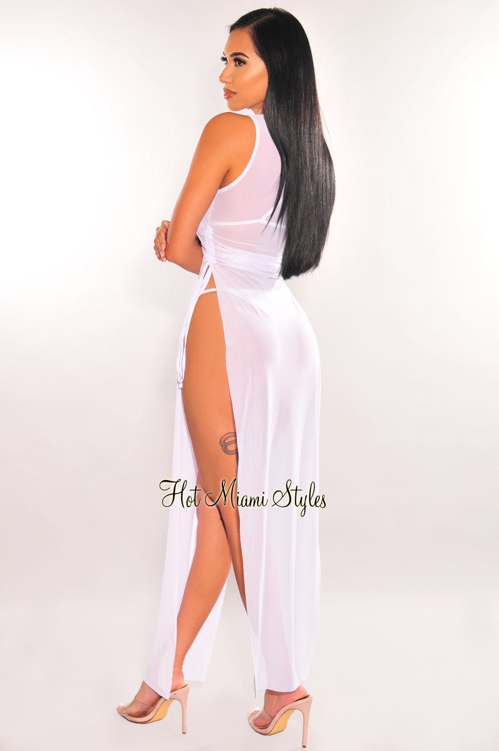 White Mesh Sheer Sleeveless Drawstring Side Slits Cover Up Dress sold by Hot Miami Styles product image thumbnail 2