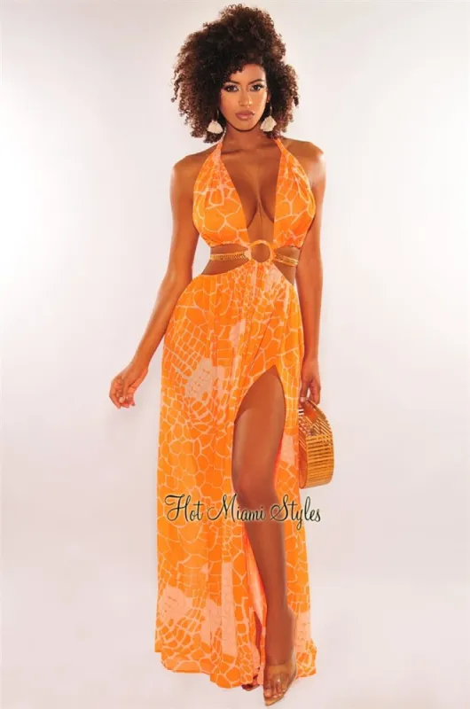 Tangerine Print O-Ring Cut Out Gold Belted Double Slit Maxi Dress sold by Hot Miami Styles