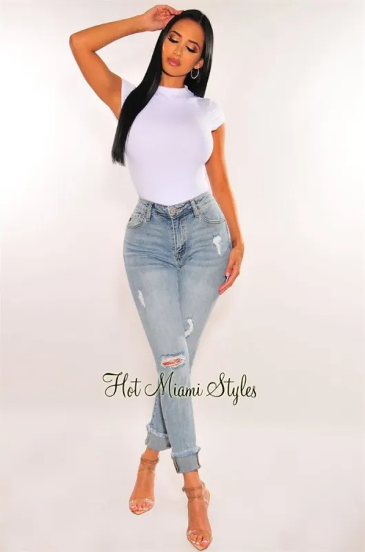 Light Denim Wash Distressed Frayed Hem High Waist Jeans sold by Hot Miami Styles