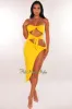 Yellow Strapless Tie Up Cut Out Slit Midi Dress sold by Hot Miami Styles