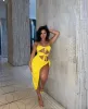 Yellow Strapless Tie Up Cut Out Slit Midi Dress sold by Hot Miami Styles
