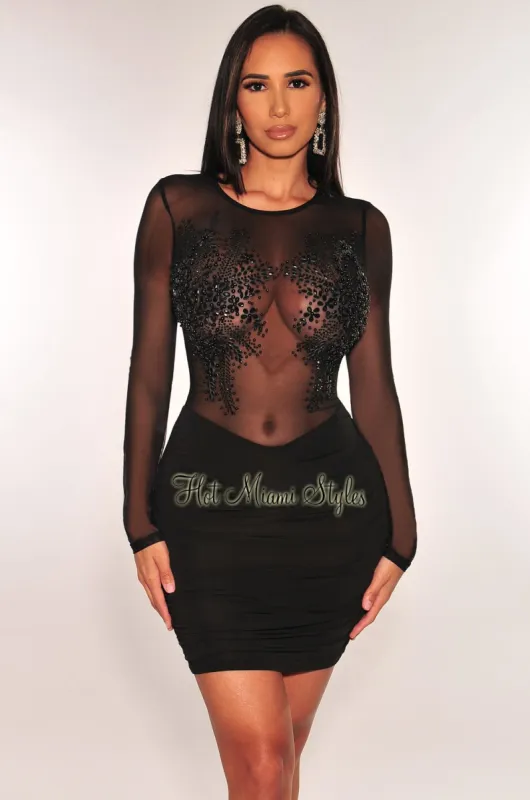 Black Jeweled Mesh Long Sleeve Ruched Mini Dress sold by Hot Miami Styles