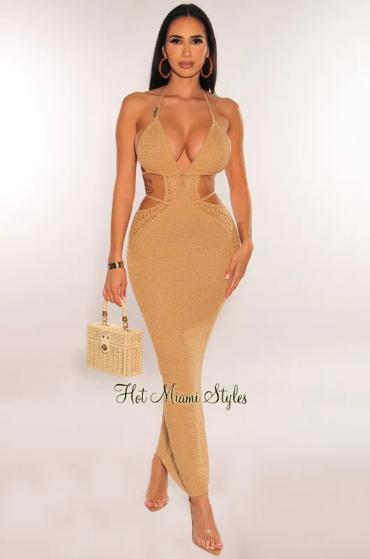 Mocha Crochet Halter Cut Out Open Back Mermaid Cover Up Dress sold by Hot Miami Styles