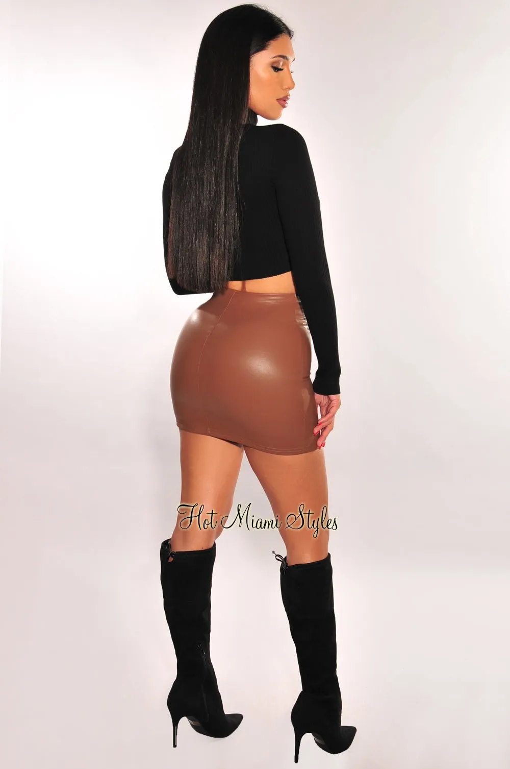 Mocha Faux Leather Mini Skirt sold by Hot Miami Styles product image thumbnail 4