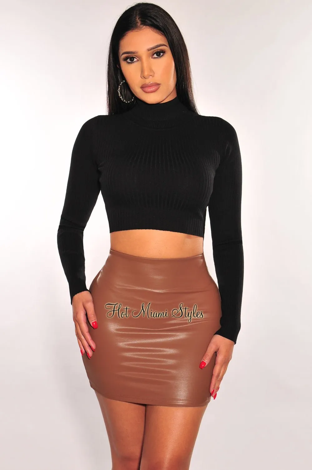 Mocha Faux Leather Mini Skirt sold by Hot Miami Styles