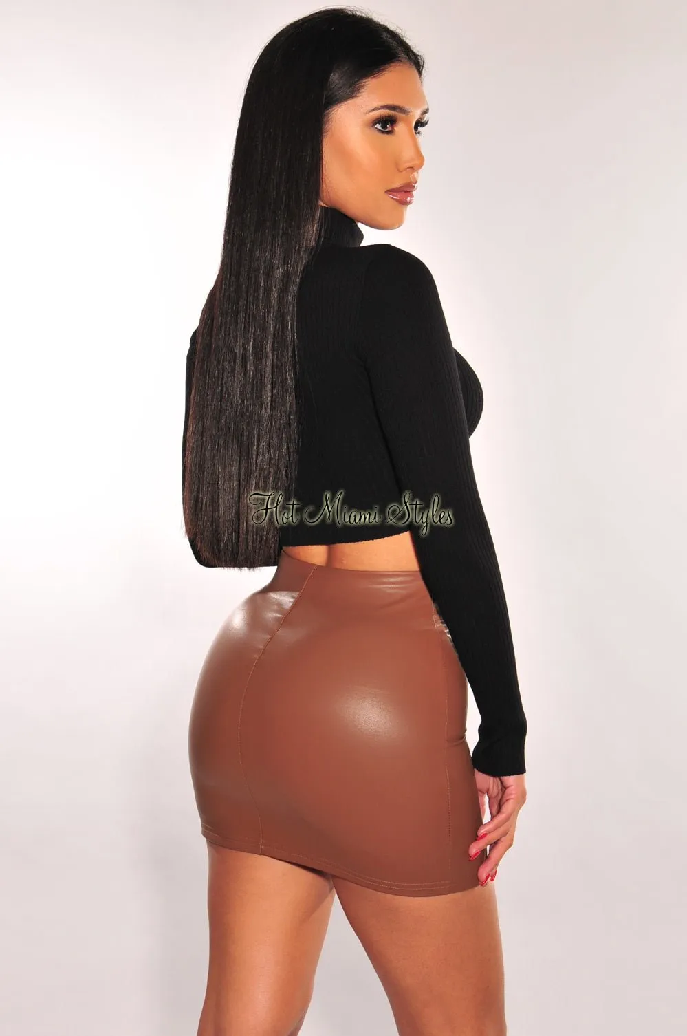 Mocha Faux Leather Mini Skirt sold by Hot Miami Styles product image thumbnail 2