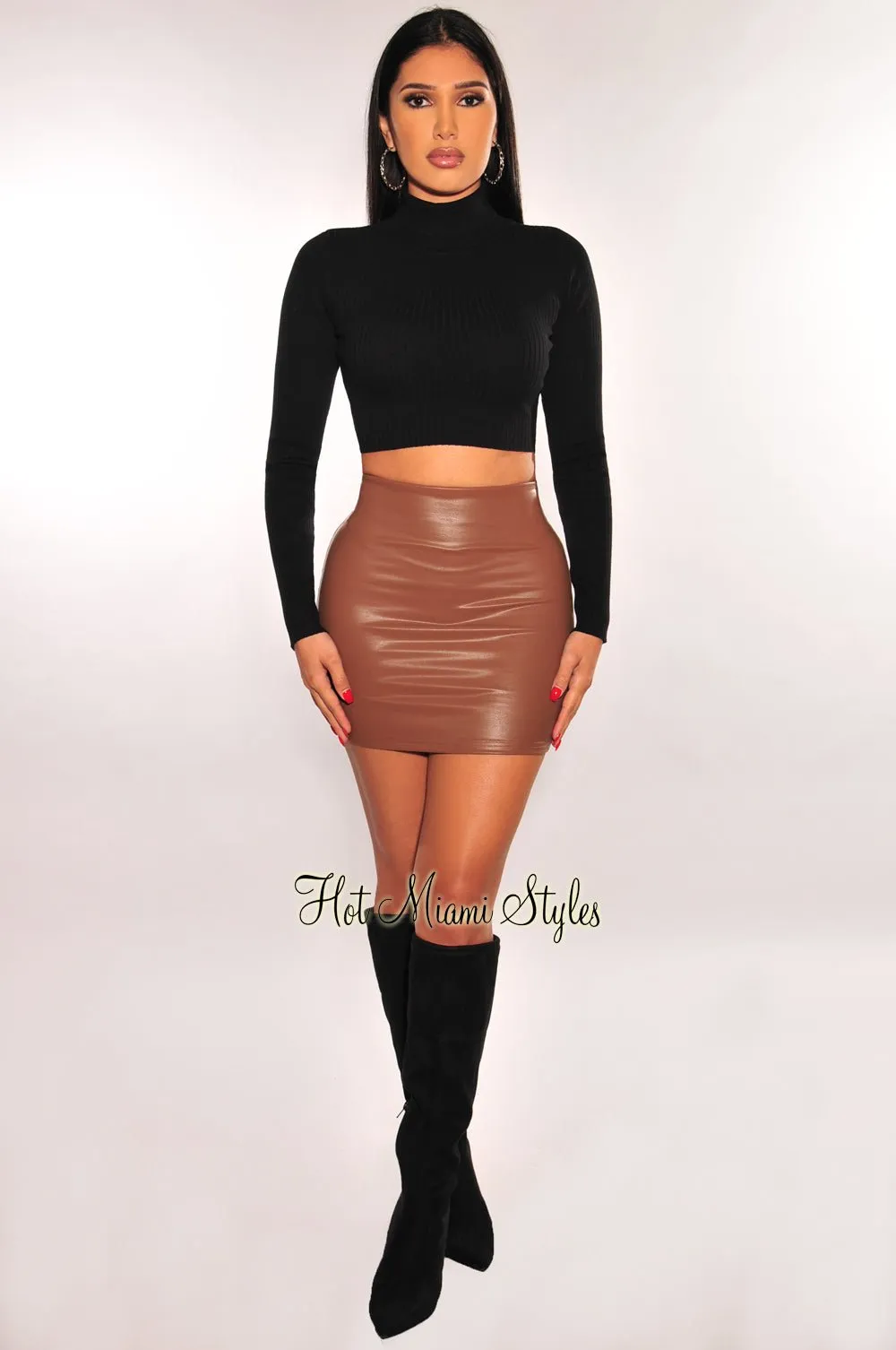 Mocha Faux Leather Mini Skirt sold by Hot Miami Styles product image thumbnail 3