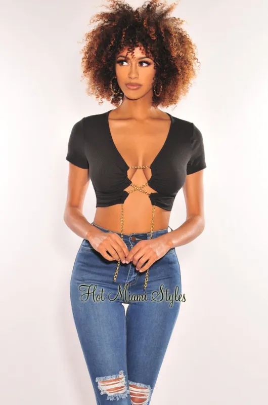Black Gold Chain Ribbed Lace Up Cut Out Crop Top sold by Hot Miami Styles