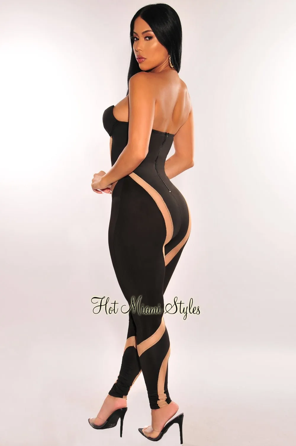 Black Nude Mesh Padded Strapless Underwire Jumpsuit sold by Hot Miami Styles product image thumbnail 2
