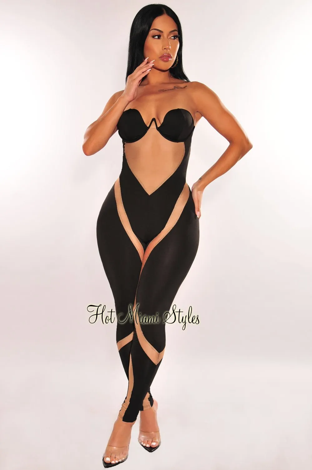 Black Nude Mesh Padded Strapless Underwire Jumpsuit sold by Hot Miami Styles