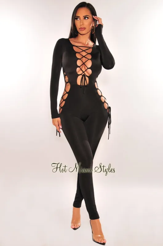 Black Lace Up Cut Out Long Sleeves Jumpsuit sold by Hot Miami Styles