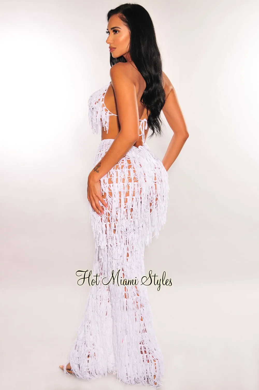 White Crochet Halter Fringe Pants Two Piece Set Cover Up sold by Hot Miami Styles product image thumbnail 2