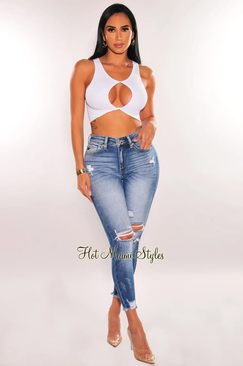 Blue Denim High Waisted Ripped Ankle Jeans sold by Hot Miami Styles