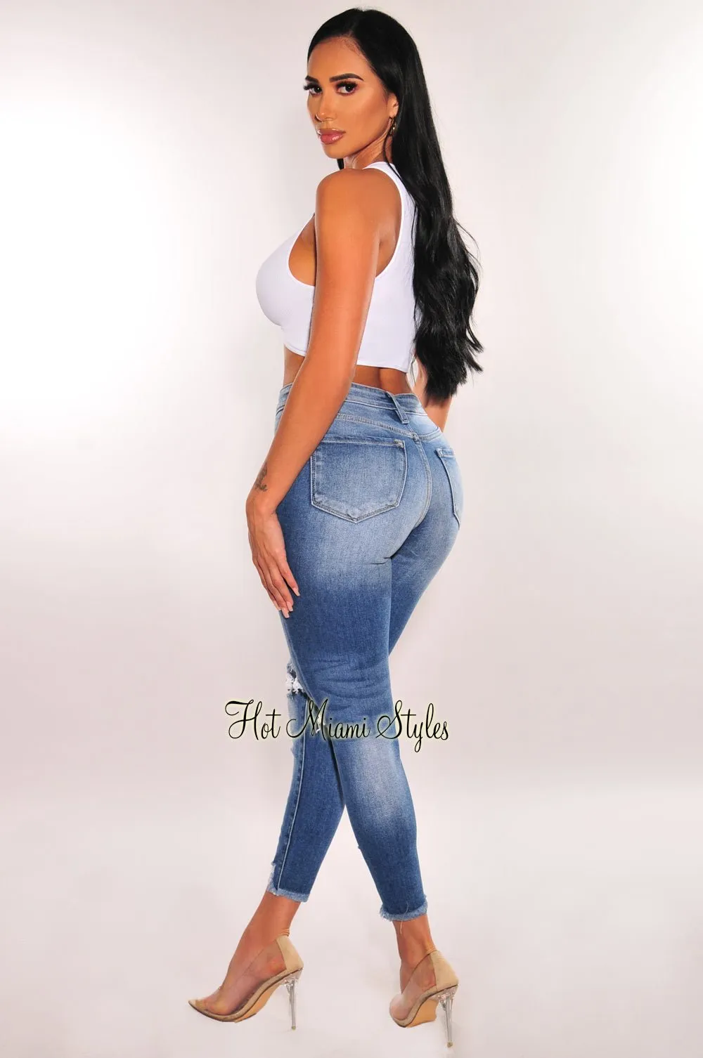 Blue Denim High Waisted Ripped Ankle Jeans sold by Hot Miami Styles product image thumbnail 2