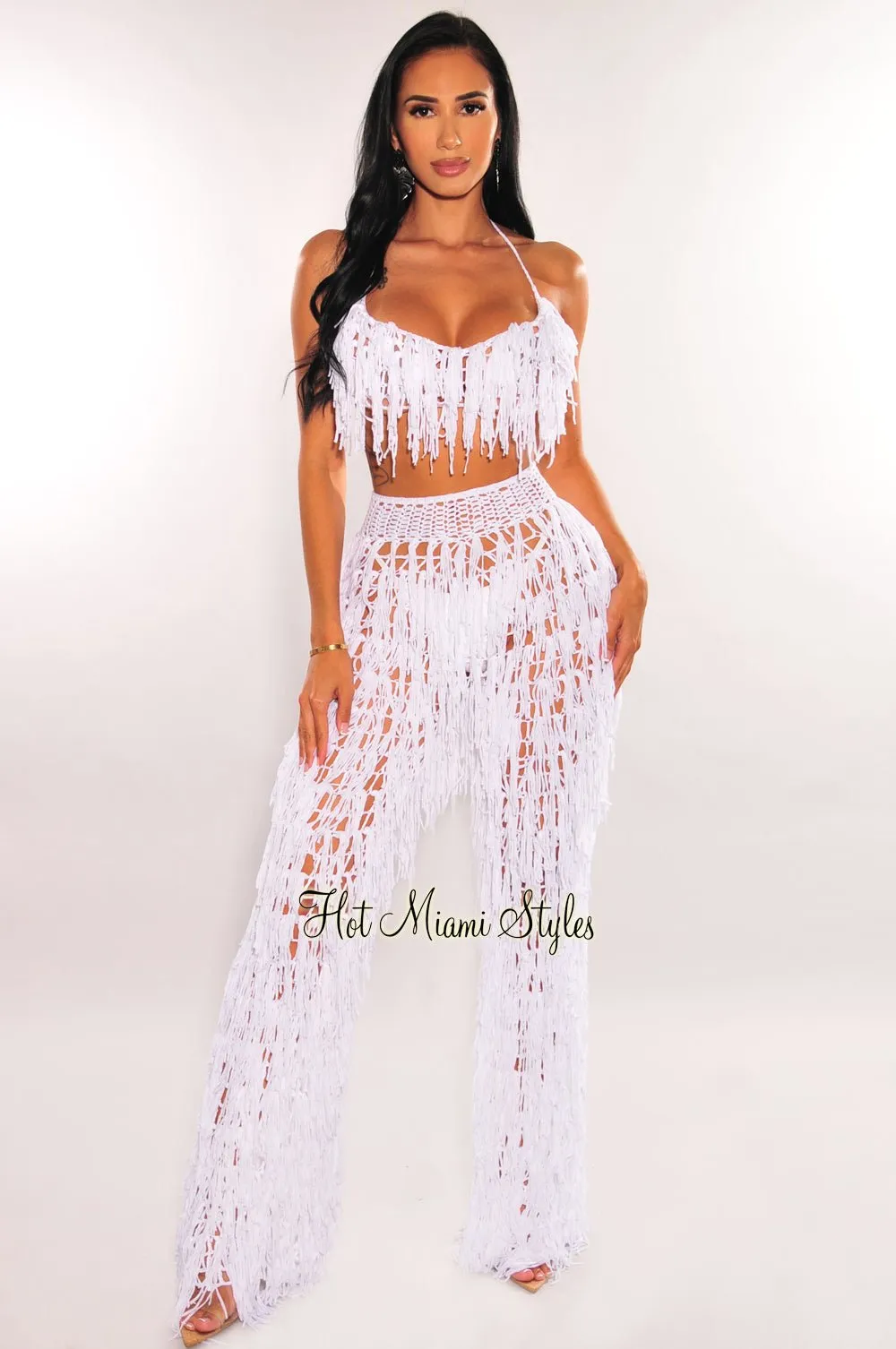 White Crochet Halter Fringe Pants Two Piece Set Cover Up sold by Hot Miami Styles