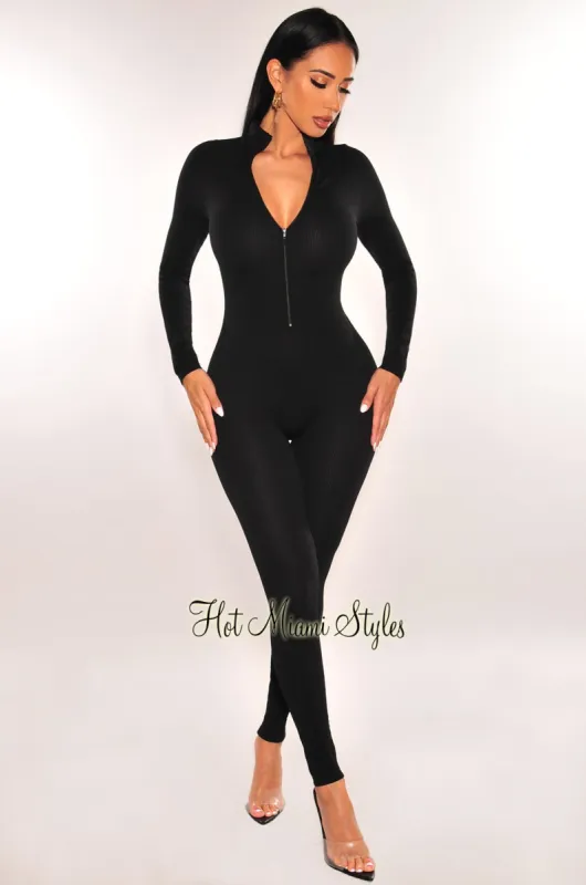 Black Ribbed Mock Neck Long Sleeve Zipper Jumpsuit sold by Hot Miami Styles