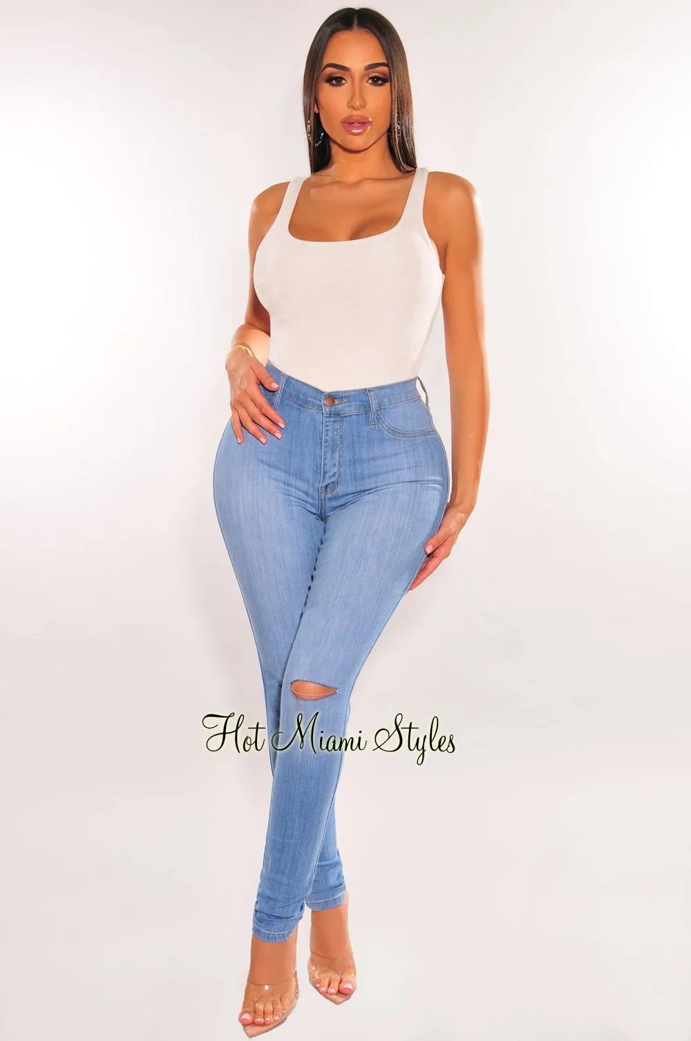 Off White Round Neck Sleeveless Bodysuit sold by Hot Miami Styles product image thumbnail 3