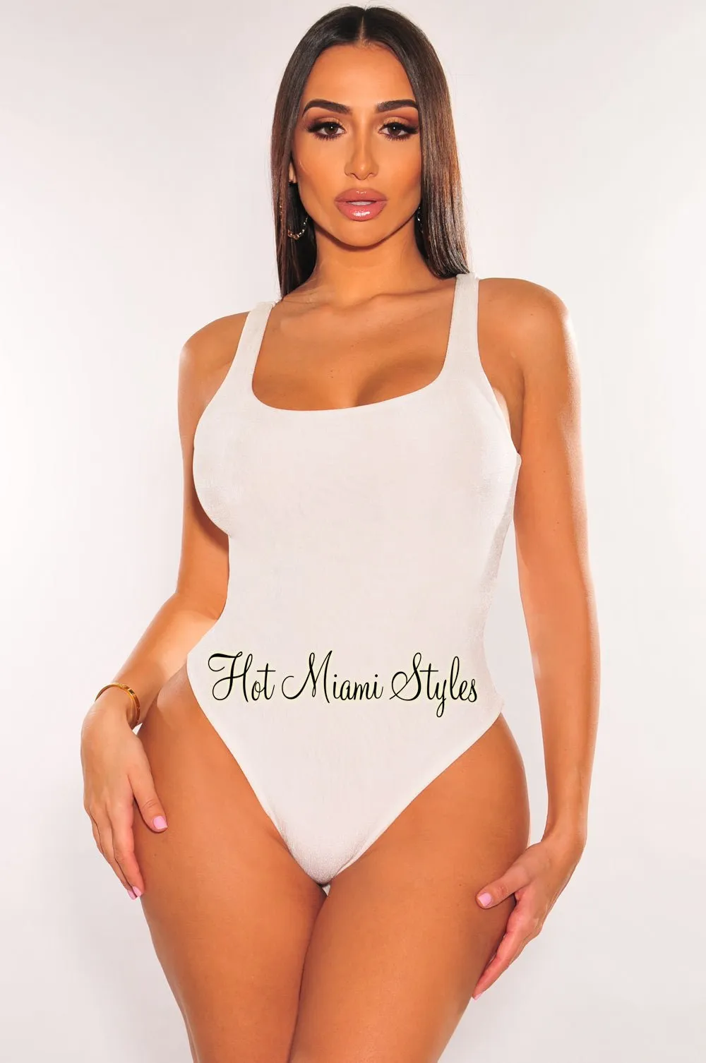 Off White Round Neck Sleeveless Bodysuit sold by Hot Miami Styles