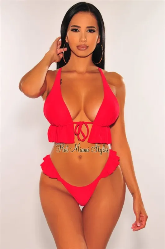 Red Padded Tie Up Ruffle Scrunch Butt Bikini Bottom sold by Hot Miami Styles