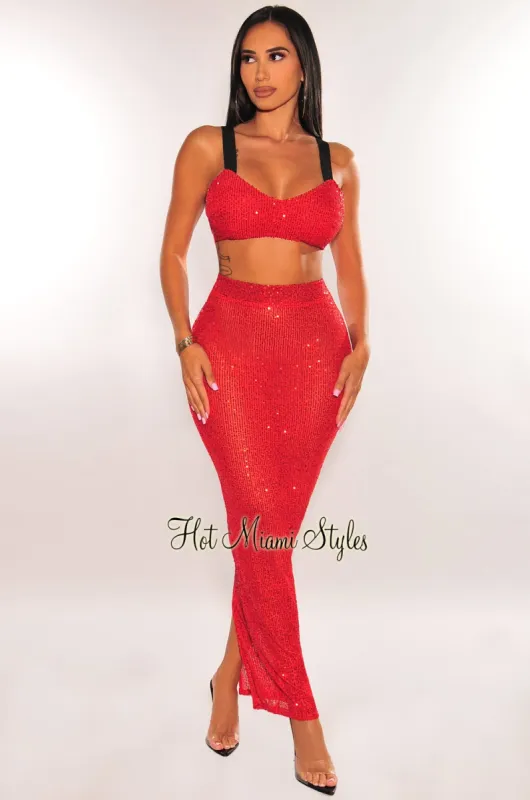 Red Sequins Elastic Strap Maxi Semi Sheer Skirt Two Piece Set sold by Hot Miami Styles