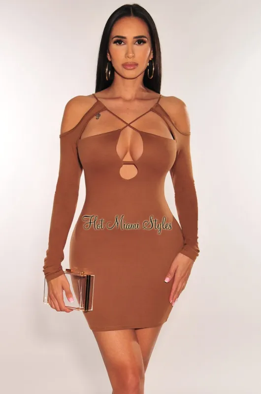 Caramel Cut Out CrissCross Long Sleeve Mini Dress sold by Hot Miami Styles