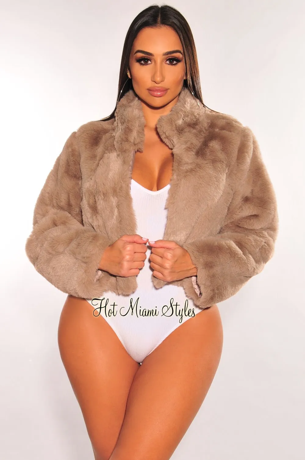 Dusty Mocha Faux Fur Collared Long Sleeve Cropped Jacket sold by Hot Miami Styles